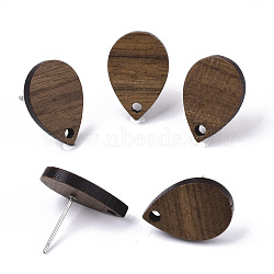 Walnut Wood Stud Earring Findings, with 304 Stainless Steel Pin, Teardrop, Coconut Brown, 17x11.5mm, Hole: 1.6mm, Pin: 0.7mm(MAK-N033-007)