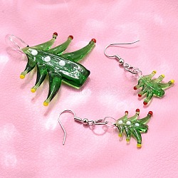 Christmas Handmade Lampwork Jewelry Sets, Dangle Earrings and Pendants, with Brass Earring Hooks and Jump Rings, Christmas Tree, Green, Earring: 46mm, Pin:0.6mm, Pendant: 54~58x40~46x11.5mm, Hole: 5mm(SJEW-G076-01P)