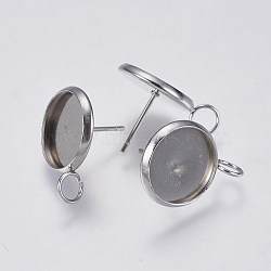 201 Stainless Steel Stud Earring Settings, with 304 Stainless Steel Pins, with Loop, Flat Round, Stainless Steel Color, 19x14mm, Hole: 3.5mm, Pin: 0.7mm, Tray: 12mm(STAS-I097-023-12mm)