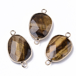 Natural Tiger Eye Links Connectors, with Light Gold Plated Edge Brass Loops, Oval, Faceted, 30.5~31.5x17.5x5~6mm, Hole: 2mm(G-R472-01B)