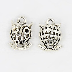Alloy Pendants, Owl, Hollow, Lead Free & Nickel Free, Antique Silver, 17x12x7mm, Hole: 2mm(PALLOY-AD45691-AS-FF)