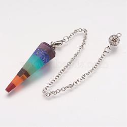 Natural & Synthetic Gemstone Hexagonal Pointed Dowsing Pendulums, Cone Pendulum, with Brass Chain, Platinum, 228mm, Hole: 2mm(KK-P082-02)