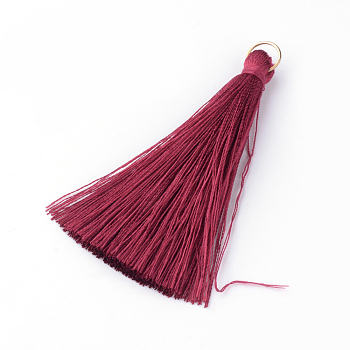 Nylon Thread Tassel Pendants Decoration, with Brass Findings, Golden, Dark Red, 35x7mm, Hole: 7mm