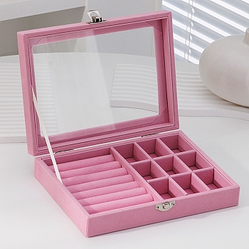 Rectangle Velvet Jewelry Organizer Boxes, Clear Visible Window Case for Rings, Earrings, Necklaces, Hot Pink, 20x15x5cm