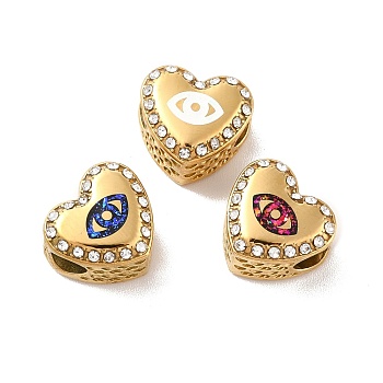 304 Stainless Steel European Beads, Large Hole Beads, with Rhinestone and Enamel, Heart with Evil Eye, Mixed Color, Golden, 11.5x12.5x8.2mm, Hole: 4.2mm