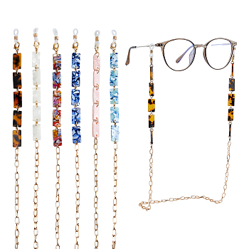 6Pcs 6 Style Eyeglasses Chains, Alloy Oval Link Chains with Acrylic Rectangle Links Neck Strap for Eyeglasses, with Rubber Loop Ends, Mixed Color, 730~757mm, 1Pc/style