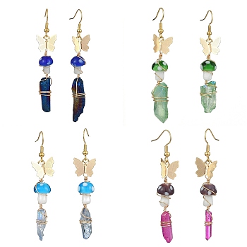 4 Pairs 4 Color Dyed Natural Quartz Crystal Nugget & Mushroom Lampwork Dangle Earrings, Golden Brass Butterfly Long Drop Earrings, Mixed Color, 63~75x6.5~11mm, 1 Pairs/color