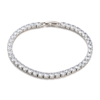 Brass Pave Clear Cubic Zirconia Flat Round Link Bracelets, Nickle Free, Long-Lasting Plated, Platinum, 7-1/8 inch(18.2cm)