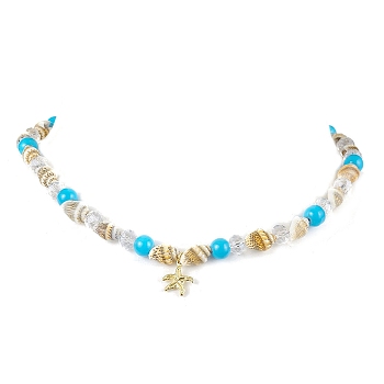 Natural Sea Shell Beaded Necklaces, with Glass and Brass Charms, Deep Sky Blue, 14.84 inch(37.7cm)