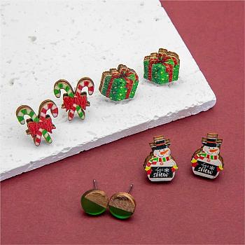 4 Pairs Candy Cane & Snowman & Christmas Gift Printed Wood Stud Earrings, Flat Round Wood & Resin Earring, Mixed Color, 14~18x10~15mm
