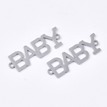 201 Stainless Steel Links connectors, Laser Cut Links, Word Baby, Stainless Steel Color, 29x9x1mm, Hole: 1.5mm