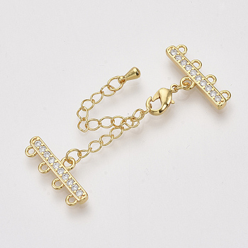 Brass Micro Pave Cubic Zirconia Chain Extender, Necklace Layering Clasps, with 4 Strands 8-Hole Ends and Lobster Claw Clasps, Nickel Free, Clear, Real 18K Gold Plated, 50mm, Clasp: 10x6x2.5mm, Extend Chain: 40x3mm, End: 8.5x21.5x2mm, Hole: 1.4mm