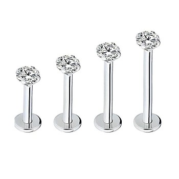 G23 Stainless Steel Clear Cubic Zirconia Threadless Labret Stud, Tragus Stud, Flat Back Earring, Stainless Steel Color, 8mm, Pin: 1.2mm, Head: 3mm