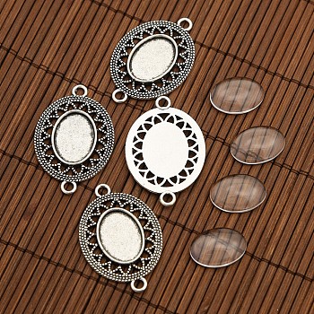 Tibetan Style Alloy Connector Cabochon Bezel Settings and Oval Transparent Glass Cabochons, Antique Silver, Tray: 13x18mm, 39x26mm, Hole: 3mm, Glass Cabochons: 18x13mm