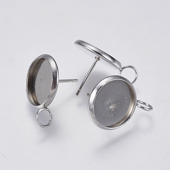 201 Stainless Steel Stud Earring Settings, with 304 Stainless Steel Pins, with Loop, Flat Round, Stainless Steel Color, 19x14mm, Hole: 3.5mm, Pin: 0.7mm, Tray: 12mm