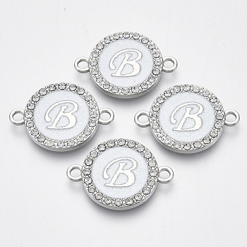 Alloy Enamel Links Connectors, with Crystal Rhinestones, Flat Round with Letter, Silver Color Plated, Letter.B, 22x16x2mm, Hole: 1.8mm