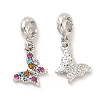 Rack Plating Alloy Rhinestone European Dangle Charms, Large Hole Charms, Butterfly, Platinum, Colorful, 25~26.5mm, Butterfly: 15~16x9.5~12.5x2.5mm, Hole: 4.5~5mm
