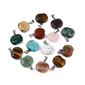 Natural & Synthetic Mixed Stone Pendants, Apple Charms, Mixed Dyed & Undyed, with 201 Stainless Steel Snap on Bails, Stainless Steel Color, 19~20x19.5~21x5~6.5mm, Hole: 7x4mm