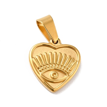 Vacuum Plating 304 Stainless Steel Pendants, with 201 Stainless Steel Snap On Bails, Heart with Eye, Golden, 15.5x14x2.5mm, Hole: 6.5x3.7mm
