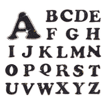 26 Letters Cloth Iron/Sew on Patches, with Crystal Rhinestone & Glitter Powder, Costume Accessories, Alphabet, Black, 46~50x25~65x1.5mm, 26pcs/set