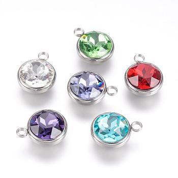 K9 Glass Rhinestone Pendants, with 304 Stainless Steel Findings, Flat Round, Mixed Color, 18x14x9mm, Hole: 2.5mm