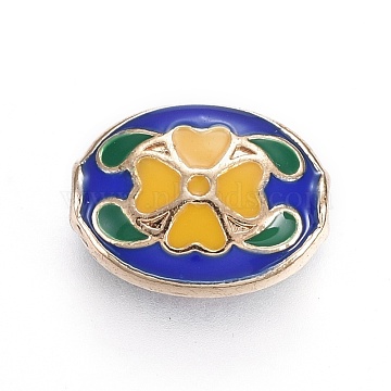 Alloy Beads, with Enamel, Oval with Flower, Light Gold, Blue, 15.5~15.8x11.5~11.8x6~6.8mm, Hole: 1.8mm(ENAM-ZH9017-14)