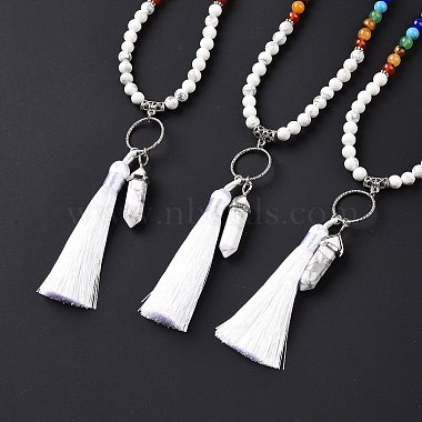 Natural Howlite Bullet & Tassel Pendant Necklace with Mixed Gemstone Beaded Chains(NJEW-E585-02H)-2