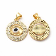 Rack Plating Real 18K Gold Plated Brass Micro Pave Clear Cubic Zirconia Pendants, with Handmade Lampwork, Cadmium Free & Lead Free, Long-Lasting, Flat Round with Evil Eye, Clear, 20x17.5x3.5mm, Hole: 5.5x4mm(ZIRC-L102-07G-12)