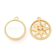 Brass Micro Pave Cubic Zirconia Charms, with Natural Shell, Flat Round with Star, Real 18K Gold Plated, 14x12x4mm, Hole: 1mm(KK-F855-12G)