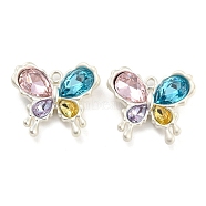 Alloy with Colorful Glass Pendants, Butterfly Charms, Silver, 21x24x6.5mm, Hole: 1.8mm(FIND-G062-09MS)