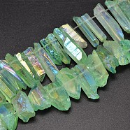Electroplated Natural Quartz Crystal Beads Strands, Nuggets, Tusk Shape, AB Color, Dyed, Light Green, 7~15x18~60mm, Hole: 1mm, about 46pcs/strand, 16 inch(G-A142-03F)