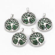 Synthetic Malachite Pendants, with Brass Findings, Flat Round with Tree of Life, Dyed, Platinum, 30.5x27x8mm, Hole: 7x3mm(G-S292-10A-P)