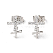 Brass Rhinestone Stud Earrings, Cross, Platinum, 14.5x10.5mm(EJEW-Z021-30P)
