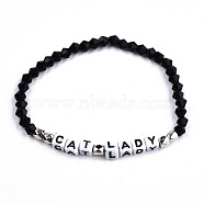Faceted Bicone Glass Beads Stretch Bracelets, with Cube Acrylic Letter Beads, Word 
Cat Lady, Black, Inner Diameter: 2-1/8 inch(5.3cm)(BJEW-T016-02A)