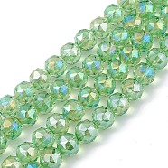 Transparent Electroplate Glass Beads Strands, Faceted, Round, AB Color Plated, Lime Green, 9~10x9~9.5mm, Hole: 1.4mm, about 54~60pcs/strand, 18.90~21.65 inch(48~55cm)(EGLA-F154-AB01)