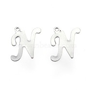 304 Stainless Steel Letter Charms, Letter.N, Stainless Steel Color, 14x11x0.8mm, Hole: 1mm(X-STAS-F039-01N-P)