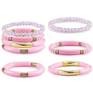 4Pcs 4 Style Acrylic Chunky Curved Tube Stretch Bracelet Sets, Polymer Clay & Glass Beads Stackable Bracelets for Women, Pink, Inner Diameter: 2-1/8 inch(5.3cm), 1Pc/style(BJEW-SW00074-04)