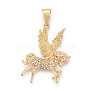 304 Stainless Steel Pendants, with Crystal Rhinestone, Pegasus, Golden, 45.5x37x4.5mm, Hole: 6.5x12mm(STAS-I163-055G)