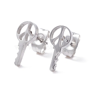 Key Shape 304 Stainless Steel Stud Earrings for Women, Stainless Steel Color, 11.5x5.5mm, Pin: 0.7mm(EJEW-Z017-03P)