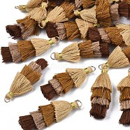 Polycotton(Polyester Cotton) Layered Tassel Big Pendant Decorations, with Iron Findings, Golden, Saddle Brown, 48~55x12~15mm, Hole: 2.5x4.5mm(FIND-T052-16-10)