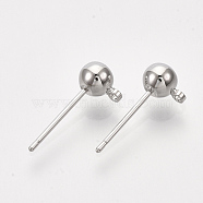 Brass Ball Stud Earring Findings, with Loop and Steel Pins, Real Platinum Plated, 16~17.5x5mm, Hole: 1.2mm, Pin: 0.8mm(KK-S348-415C)