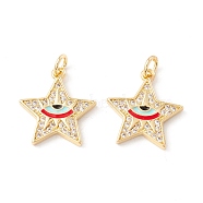 Brass Micro Pave Clear Cubic Zirconia Pendants, with Jump Rings and Enamel, Cadmium Free & Lead Free, Real 18K Gold Plated, Long-Lasting Plated, Star with Eye, Red, 17.5x16x2mm, Hole: 3mm(ZIRC-P098-04G-03)