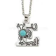 Letter A~Z Antique Silver Plated Alloy with Synthetic Turquoise Pendant Necklaces, with Iron Cable Chains, Letter E, 18.70 inch(475mm), Letter E: 25.5x20.5mm(NJEW-G080-01E)