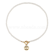 304 Stainless Steel Pendant Necklaces, with Acrylic Imitation Pearl Round Beads and Toggle Clasps, Flat Round with Tree of Life, White, Golden, 18.11 inch(46cm)(NJEW-SZ0001-30)