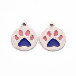 304 Stainless Steel Enamel Charms, Stainless Steel Color, Dog Paw Prints, Dark Blue, 14x12x1mm, Hole: 1.5mm(STAS-Q242-039A)
