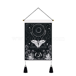 Polyester Moth Pattern Wall Tapestrys, for Home Decoration, with Wood Bar, Nulon Rope, Plastic Hook, Rectangle, Black, 500x350mm(DJEW-PW0012-137B)
