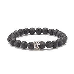 Natural Lava Rock Round Beaded Stretch Bracelet with Clear Cubic Zirconia Crown, Essential Oil Gemstone Jewelry for Women, Platinum, Inner Diameter: 2-1/4 inch(5.8cm)(BJEW-JB07797-01)