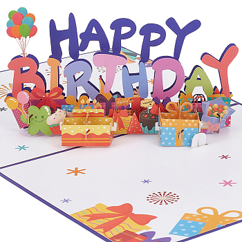 Rectangle Word Happy Birthday Pop Up Paper Greeting Card, with Envelope, Birthday Invitation Card, Purple, 200x150x2mm