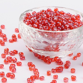 (Repacking Service Available) Glass Seed Beads, Trans. Colours Lustered, Round, Red, 6/0, 4mm, Hole: 1.5mm, about 12G/bag