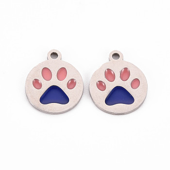304 Stainless Steel Enamel Charms, Stainless Steel Color, Dog Paw Prints, Dark Blue, 14x12x1mm, Hole: 1.5mm